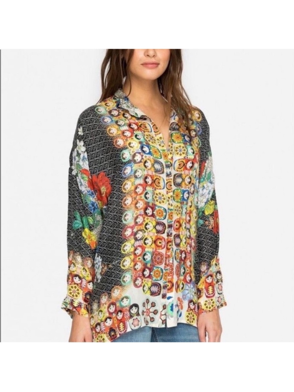 Johnny Was Babette Nesting Dolls 100% Silk Blouse Top Tunic L OVERSIZED